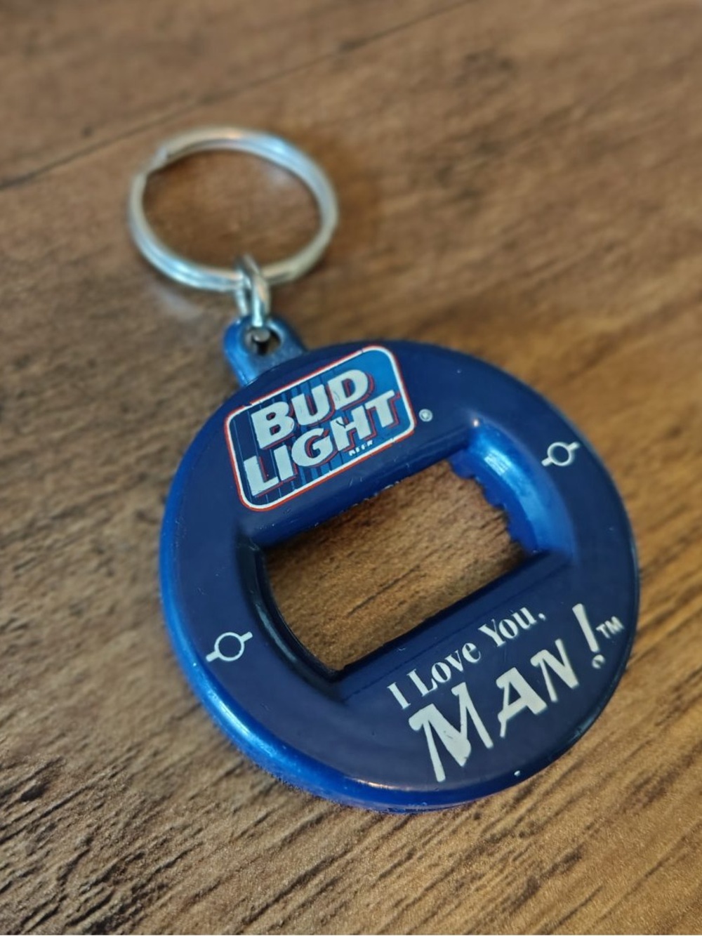Vtg 90s Bud Light Blue/Silver Bottle Opener Keyring "I Love You, MAN" Canada